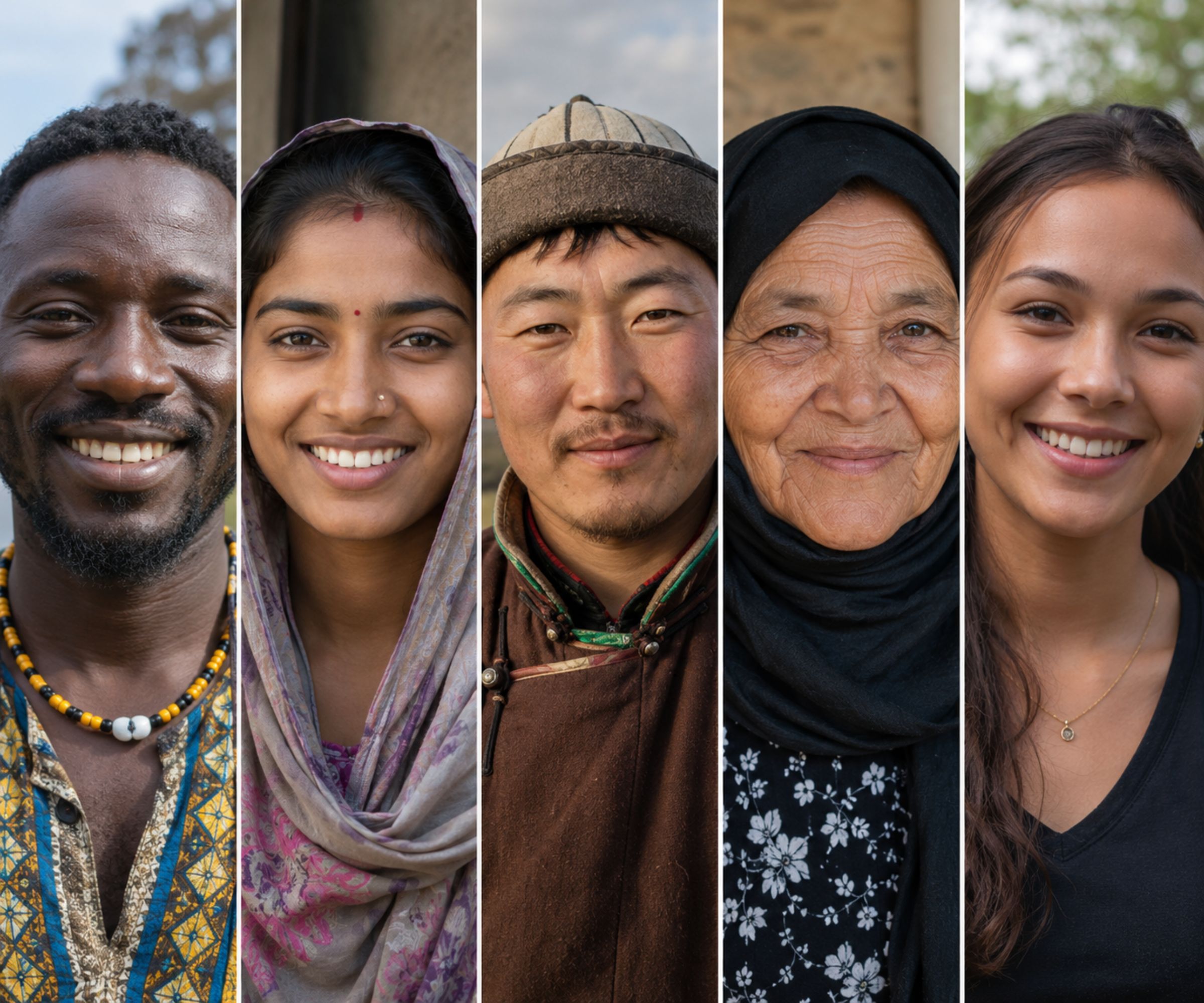 Five diverse individuals smiling in portrait collage