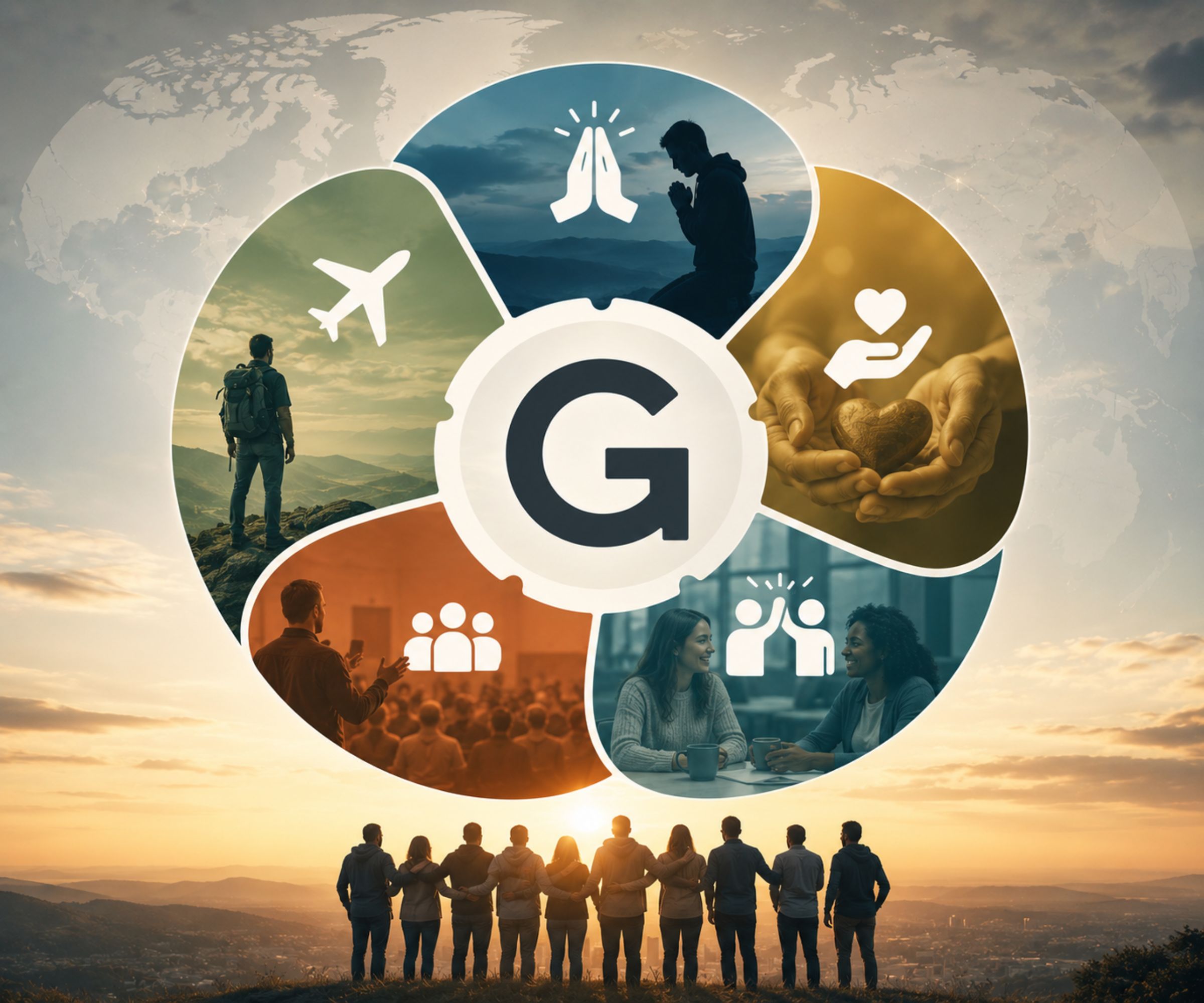 Global community infographic with faith, travel, service icons