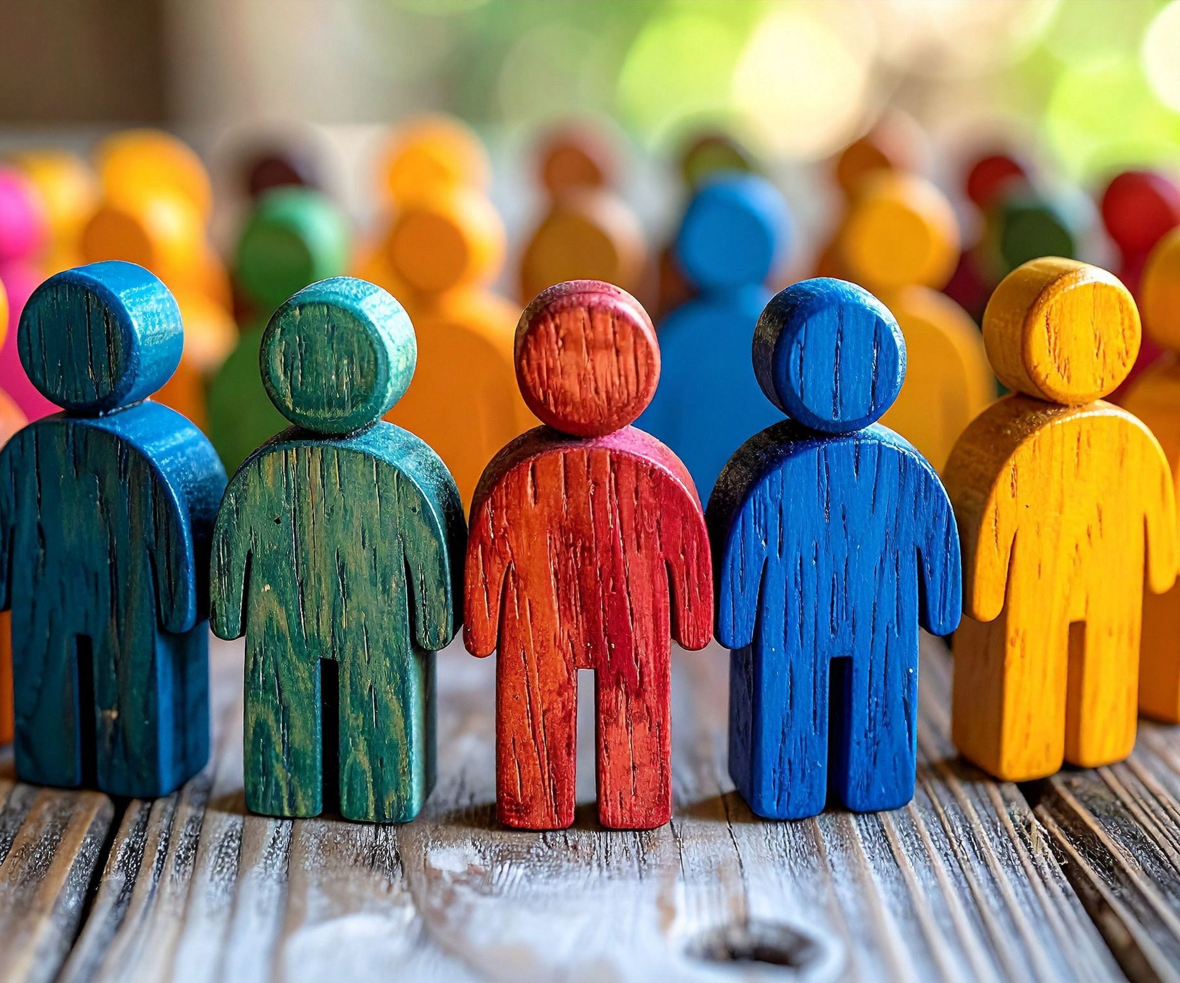 Colorful wooden peg figures lined up on table