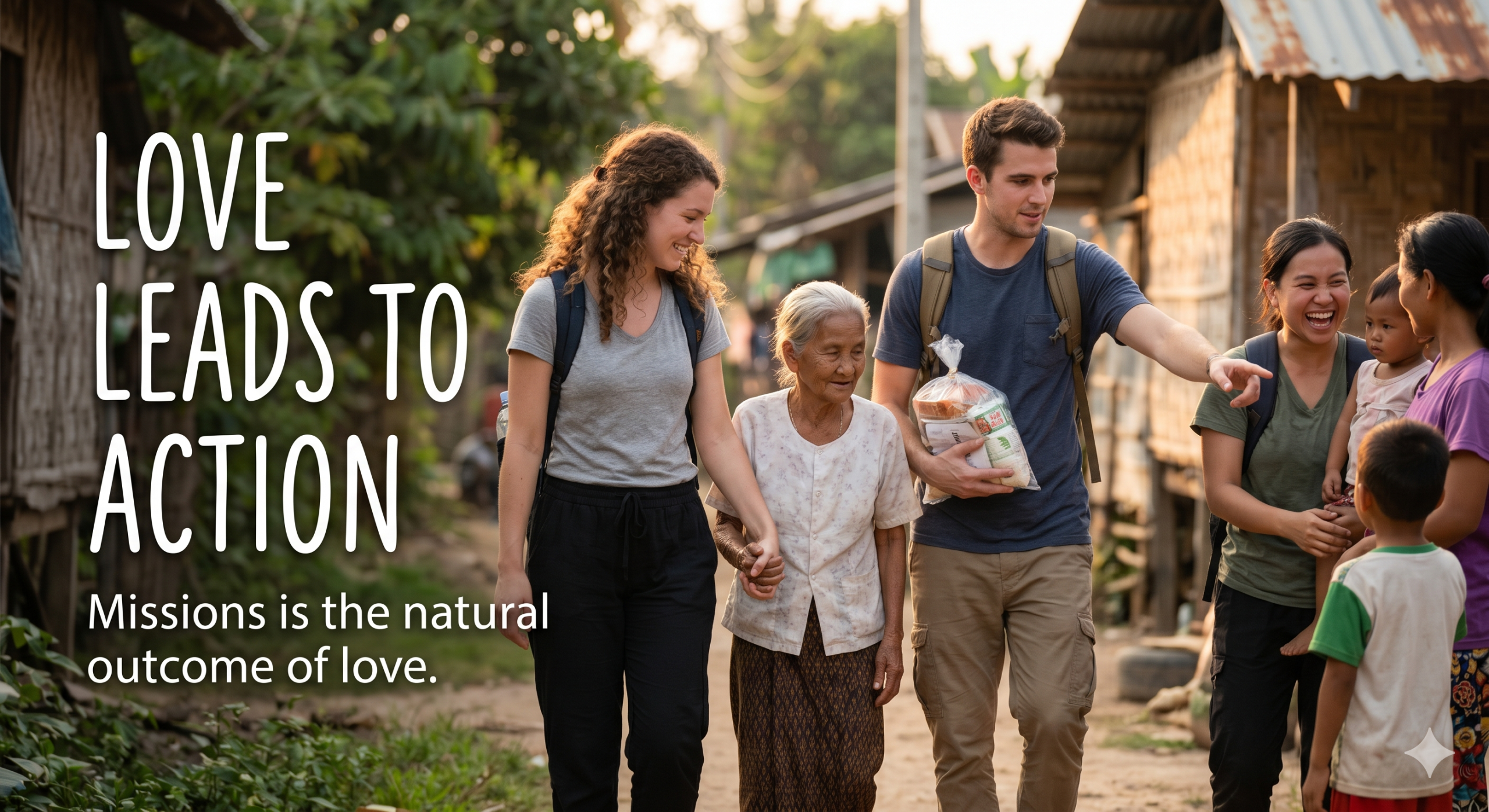 Volunteers walking with elderly woman in rural village